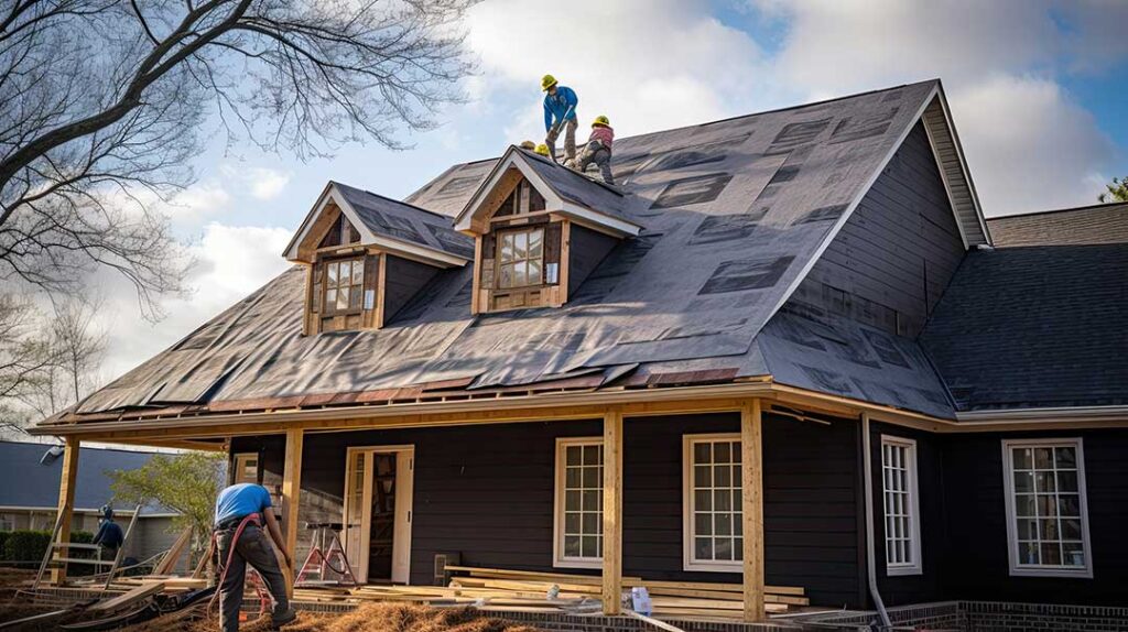 A worker applies a white protective coating across a low-slope roof beside vents and flashing.