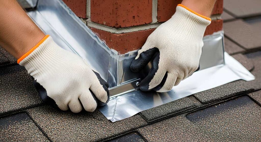 A homeowner examines dark streaks and moss patches on asphalt shingles from a safe ground-level view.