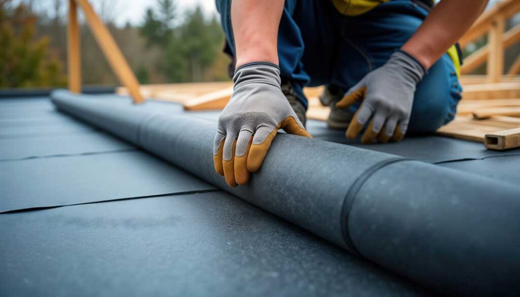 Roofing materials, underlayment, and labeled fire-rating documents arranged on a work table.