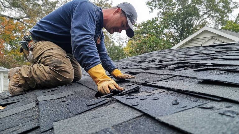 Homeowner inspecting roof shingles from the ground beside a ladder on a clear dry day.