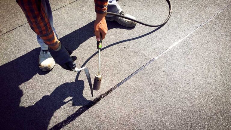 Homeowner inspecting a roof from the ground beside a securely positioned ladder on a clear day