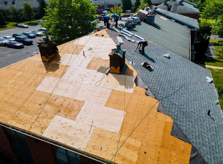 Homeowner inspecting roof edges with binoculars beside a ladder, gutter scoop, gloves, and flashlight.