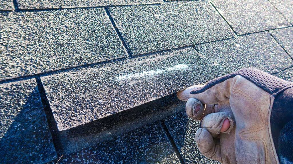 Close view of dented asphalt shingles, loose granules, and a metal roof vent after a hailstorm.