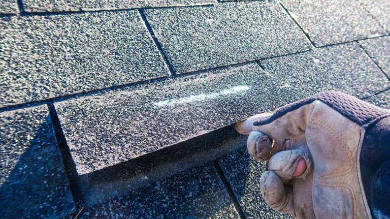 Close view of dented asphalt shingles, loose granules, and a metal roof vent after a hailstorm.