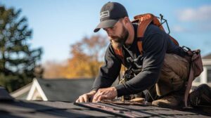 Person inspecting roof shingles and gutters from the ground beside a residential home
