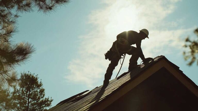 A residential house showing gable, hip, and dormer roof forms under a light winter snowfall.