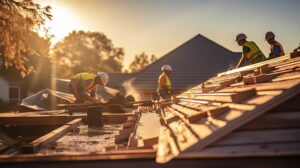 Sunlit asphalt shingles show faded areas and loose granules on a residential roof beside leafy trees.