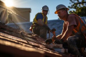 Homeowner reviews roofing loan documents and a household budget at a kitchen table.