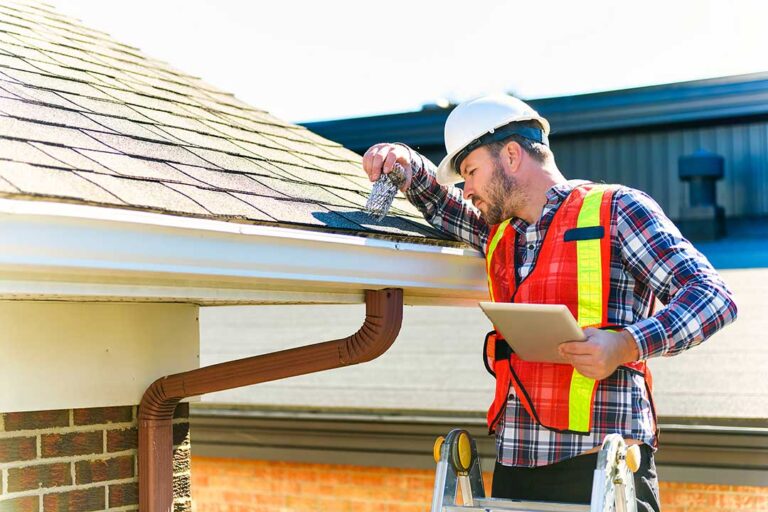 Homeowner places a bucket beneath a ceiling leak while a roof opening is visible through an upstairs window.