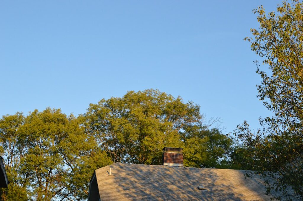 Residential roof with damaged shingles, clogged gutters, and a visible ceiling leak below.