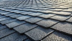 Weathered shingles on a residential roof beside a ladder, gutters, and visible granule loss.