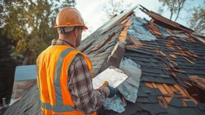 A homeowner examines curled roof shingles beside a ladder after winter weather.