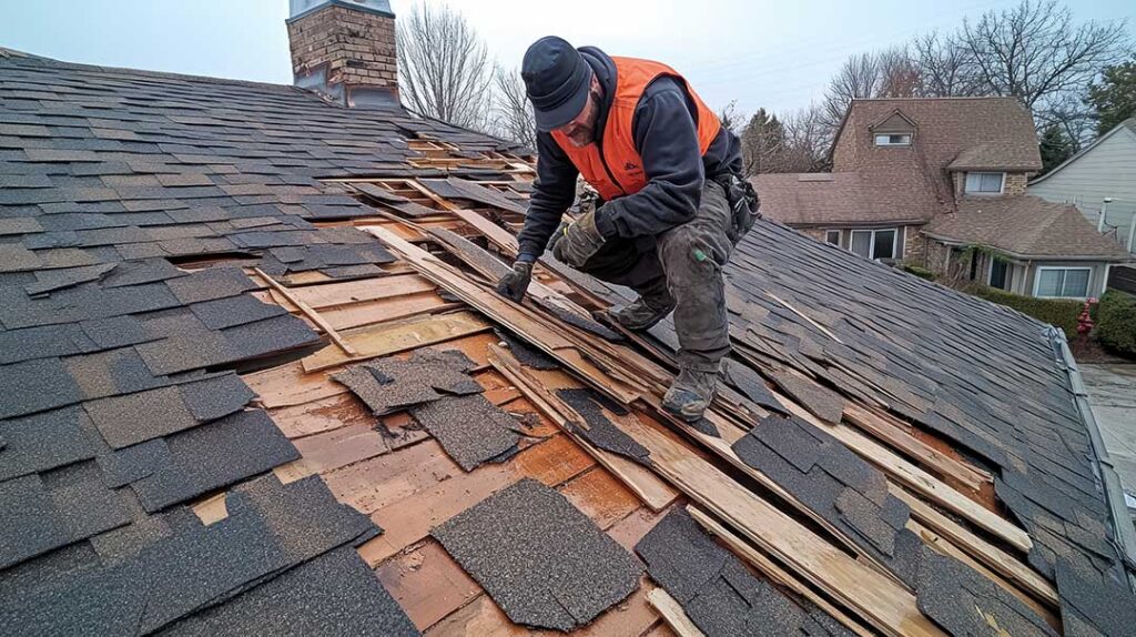 Roofing material samples beside a residential roof with asphalt shingles and standing-seam metal panels.