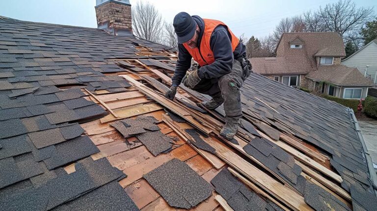Roofing material samples beside a residential roof with asphalt shingles and standing-seam metal panels.