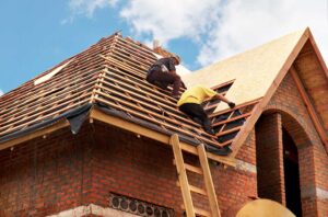 Person using a long-handled soft brush to remove roof debris while standing safely on the ground. KEYWORDS: ["safe roof cleaning", "asphalt shingle roof maintenance", "removing moss from roof"]